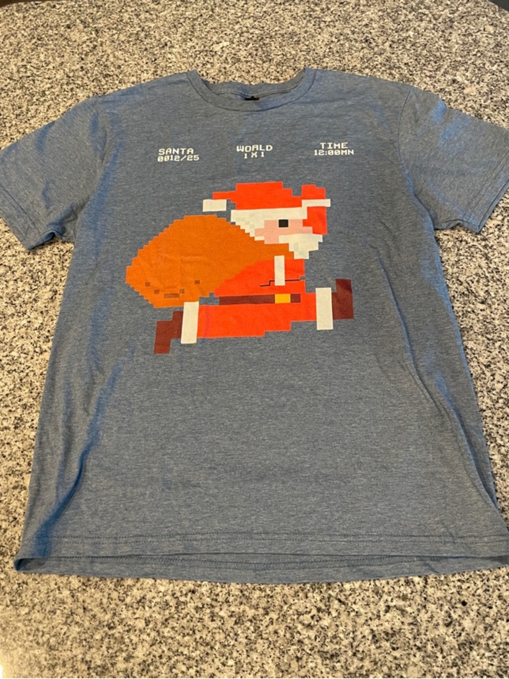 NWOT Pixel Super Mario like Santa Graphic Tee - Blue